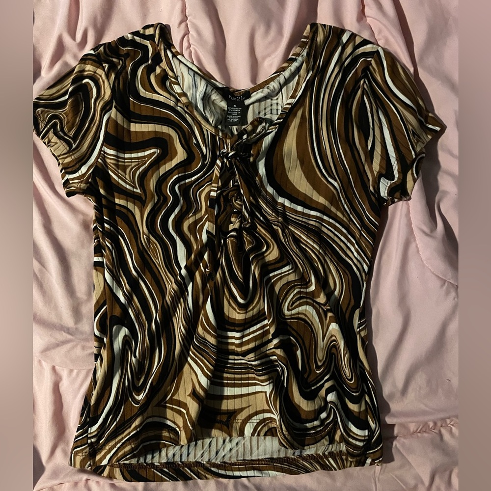 Brown swirl lace up top